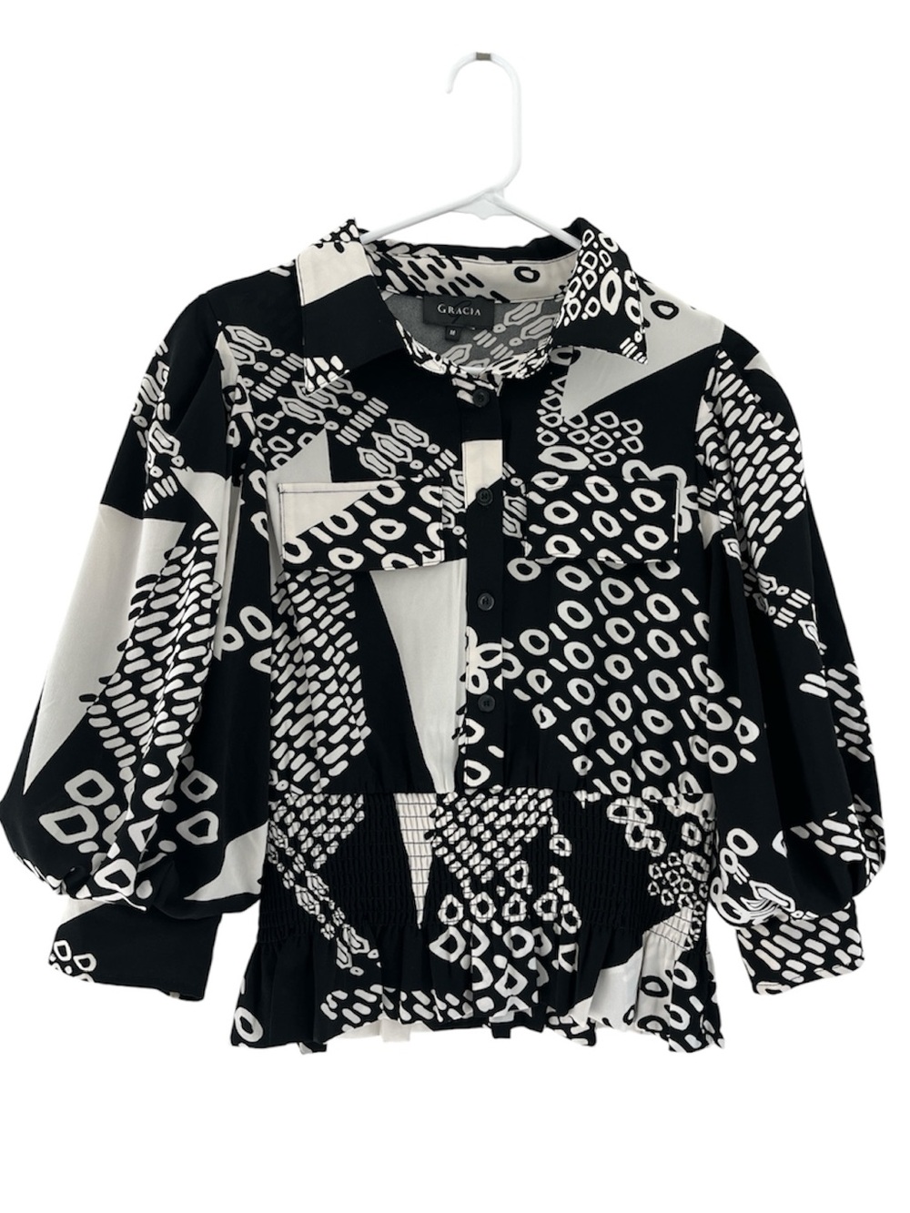 Gracia Black and White Puff Sleeve Gathered Waist Button Down Printed Blouse M